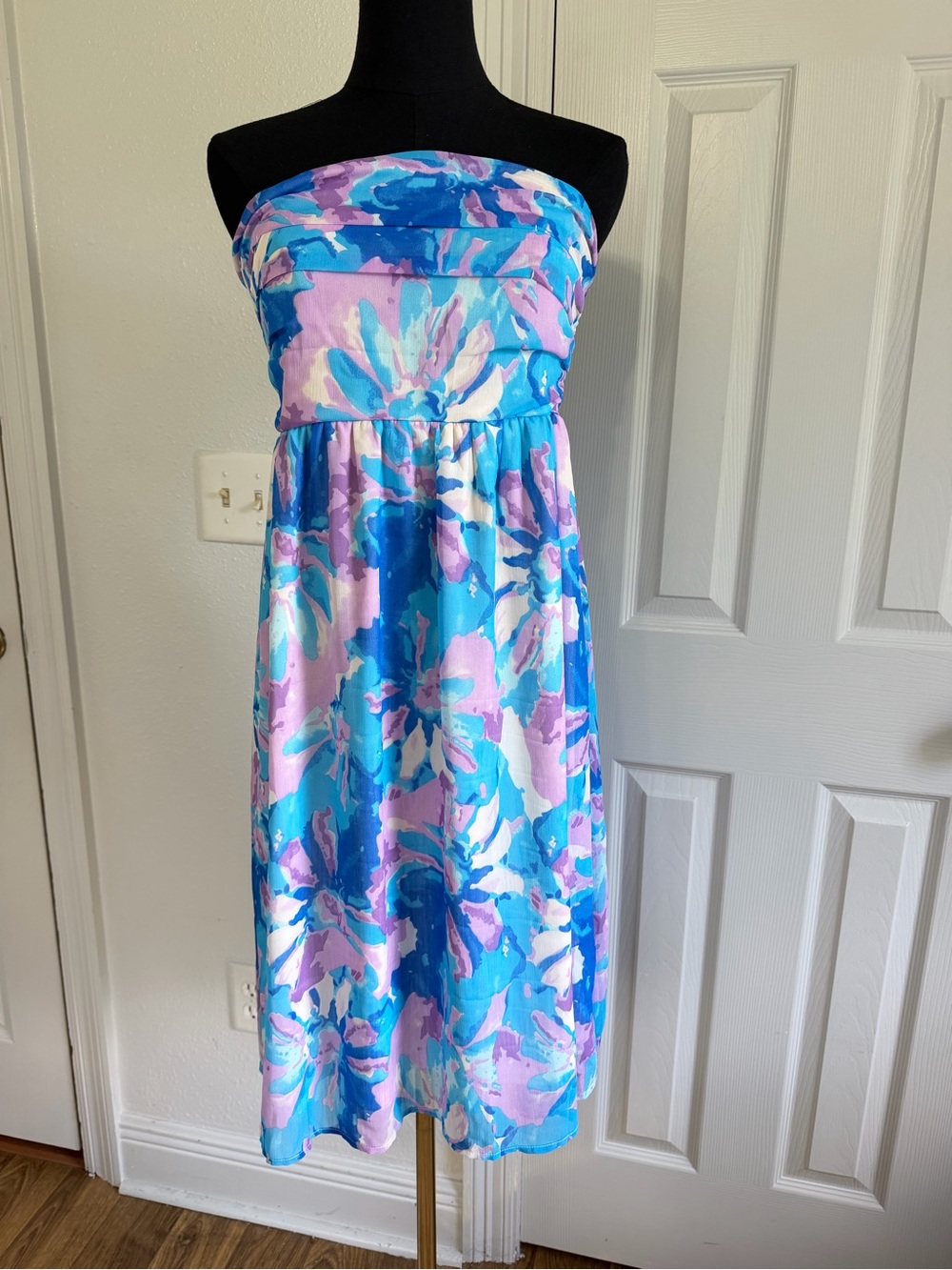 Pink Lily Womens Large Strapless Floral Mini Dress Blue Purple Lined Beach